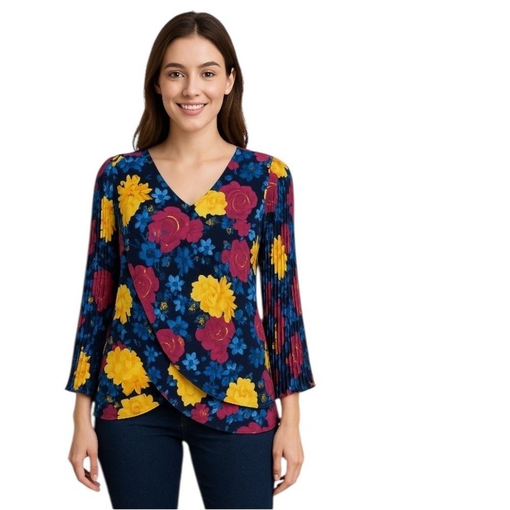 Laurie Felt Multicolor Floral Retro Bohemian Pleated Bell Sleeve Blouse Size XXS - Picture 1 of 13